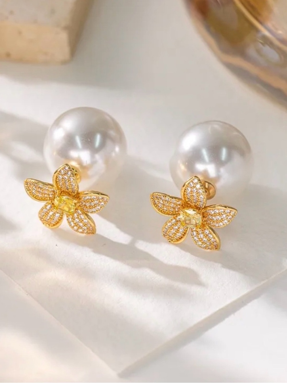 Gold Floral Pearl Back Stud Earrings - Women Jewelry